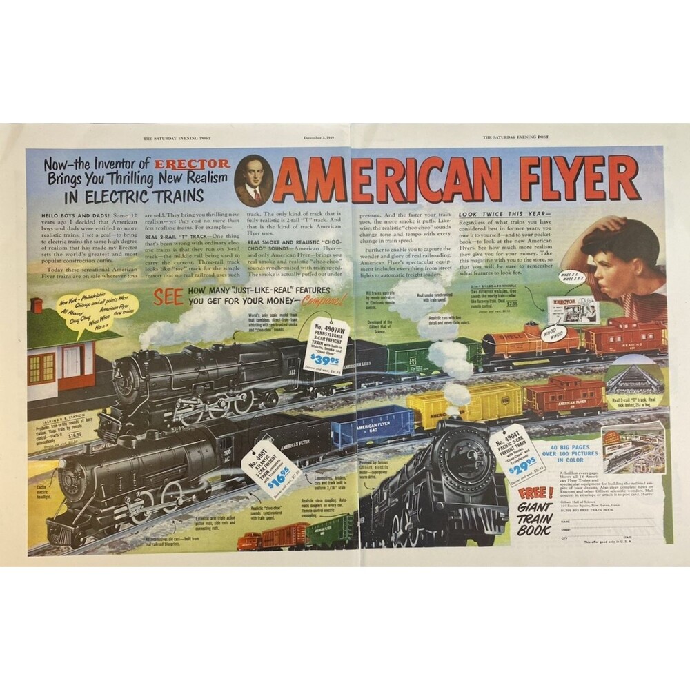 American Flyer "New Thrilling Realism in Electric Trains" 2-page Print Ad 1949